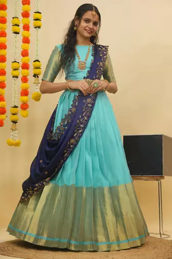 Beautiful South Indian Style Semi-Stitched Half Saree with Blouse and Rangoli Dupatta for Women