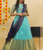 Beautiful South Indian Style Semi-Stitched Half Saree with Blouse and Rangoli Dupatta for Women