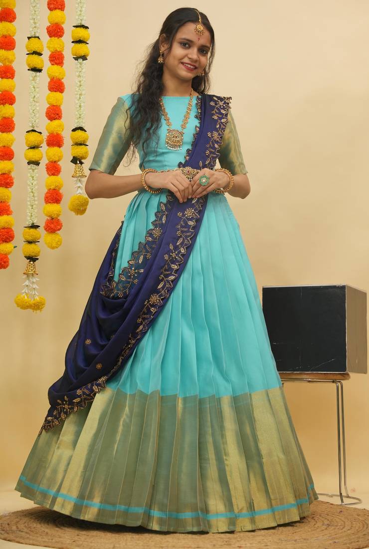 Beautiful South Indian Style Semi-Stitched Half Saree with Blouse and Rangoli Dupatta for Women