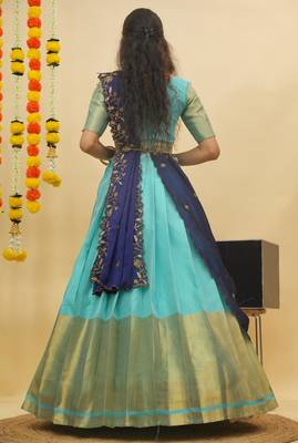 Beautiful South Indian Style Semi-Stitched Half Saree with Blouse and Rangoli Dupatta for Women 2