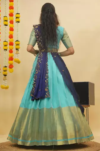 Beautiful South Indian Style Semi-Stitched Half Saree with Blouse and Rangoli Dupatta for Women