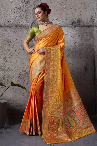 orange luxury makhmal satin silk saree with authentic meenakari work & rich pallu     mirraw