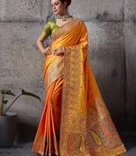 orange luxury makhmal satin silk saree with authentic meenakari work & rich pallu – mirraw