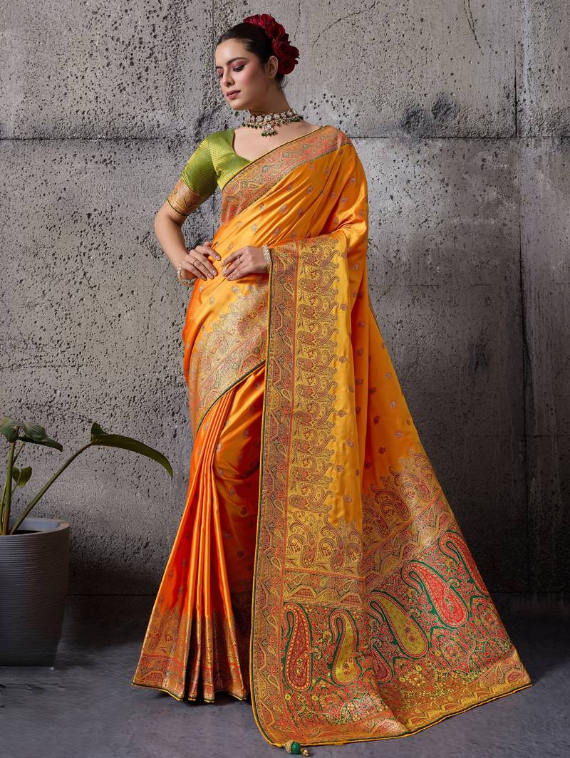 orange luxury makhmal satin silk saree with authentic meenakari work & rich pallu – mirraw