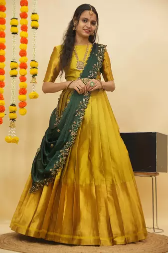 Beautiful South Indian Style Semi-Stitched Half Saree with Blouse and Rangoli Dupatta for Women