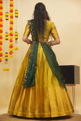 Beautiful South Indian Style Semi-Stitched Half Saree with Blouse and Rangoli Dupatta for Women 2