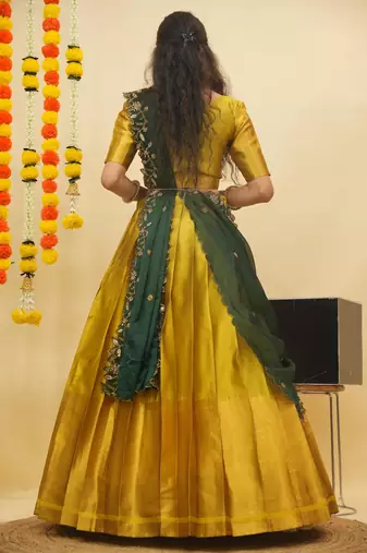 Beautiful South Indian Style Semi-Stitched Half Saree with Blouse and Rangoli Dupatta for Women