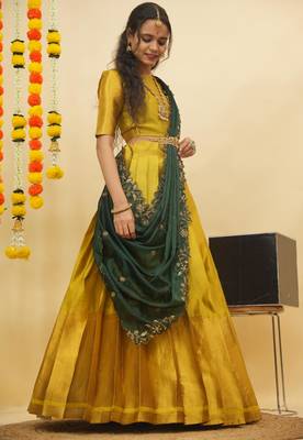 Beautiful South Indian Style Semi-Stitched Half Saree with Blouse and Rangoli Dupatta for Women 3