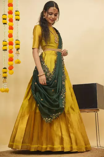 Beautiful South Indian Style Semi-Stitched Half Saree with Blouse and Rangoli Dupatta for Women