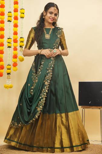 Beautiful South Indian Style Semi-Stitched Half Saree with Blouse and Rangoli Dupatta for Women