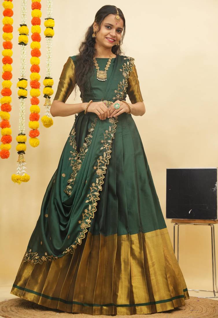 Beautiful South Indian Style Semi-Stitched Half Saree with Blouse and Rangoli Dupatta for Women