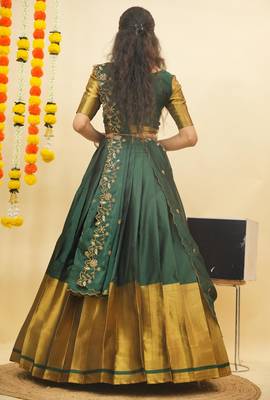 Beautiful South Indian Style Semi-Stitched Half Saree with Blouse and Rangoli Dupatta for Women 2