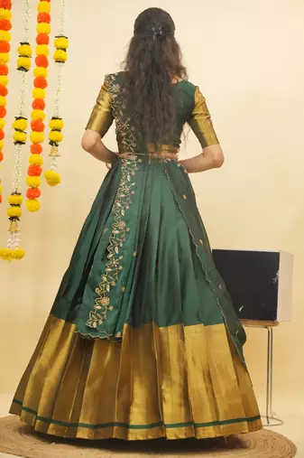 Beautiful South Indian Style Semi-Stitched Half Saree with Blouse and Rangoli Dupatta for Women