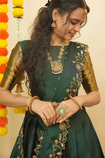 Beautiful South Indian Style Semi-Stitched Half Saree with Blouse and Rangoli Dupatta for Women