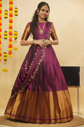 Beautiful South Indian Style Semi-Stitched Half Saree with Blouse and Rangoli Dupatta for Women