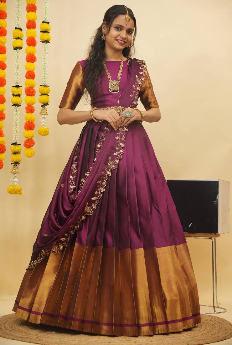 Beautiful South Indian Style Semi-Stitched Half Saree with Blouse and Rangoli Dupatta for Women