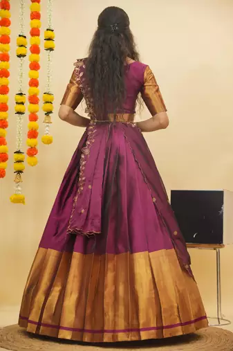 Beautiful South Indian Style Semi-Stitched Half Saree with Blouse and Rangoli Dupatta for Women
