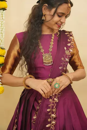 Beautiful South Indian Style Semi-Stitched Half Saree with Blouse and Rangoli Dupatta for Women