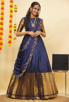 Beautiful South Indian Style Semi-Stitched Half Saree with Blouse and Rangoli Dupatta for Women 1