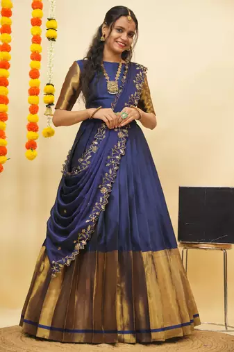 Beautiful South Indian Style Semi-Stitched Half Saree with Blouse and Rangoli Dupatta for Women