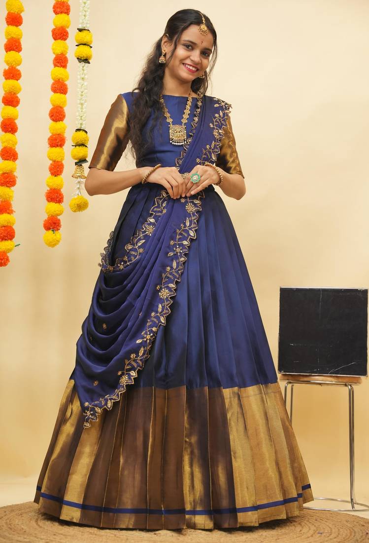 Beautiful South Indian Style Semi-Stitched Half Saree with Blouse and Rangoli Dupatta for Women