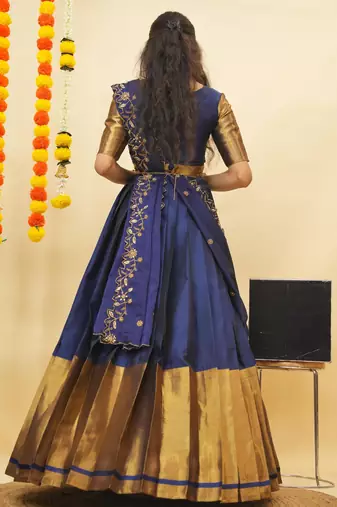 Beautiful South Indian Style Semi-Stitched Half Saree with Blouse and Rangoli Dupatta for Women