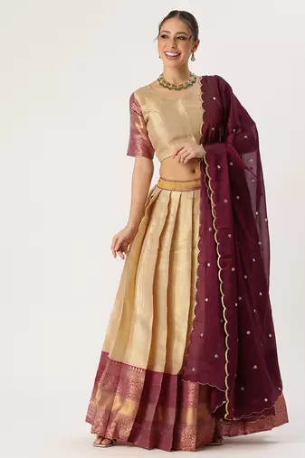 Beautiful South Indian Style Semi-Stitched Half Saree with Blouse and Rangoli Dupatta for Women