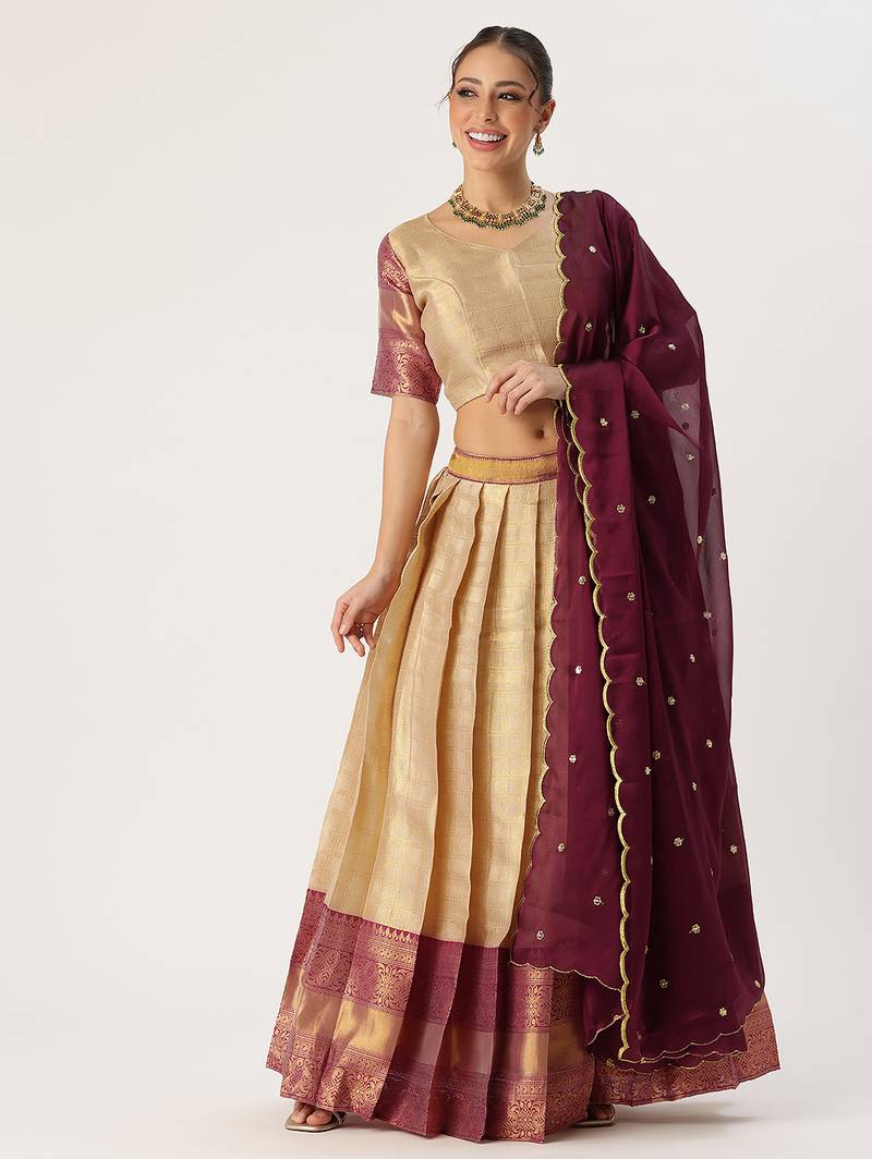 Beautiful South Indian Style Semi-Stitched Half Saree with Blouse and Rangoli Dupatta for Women