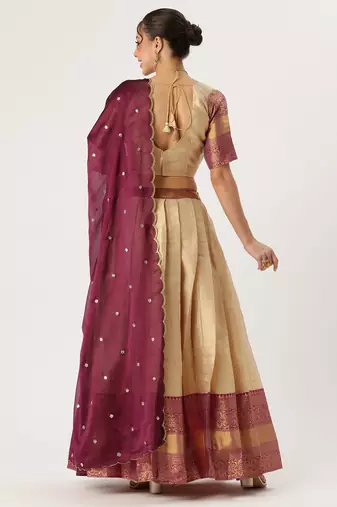 Beautiful South Indian Style Semi-Stitched Half Saree with Blouse and Rangoli Dupatta for Women