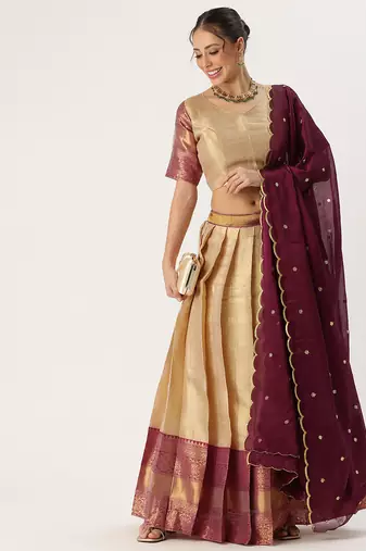 Beautiful South Indian Style Semi-Stitched Half Saree with Blouse and Rangoli Dupatta for Women