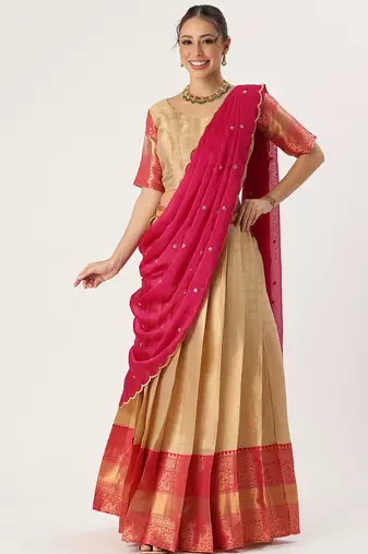 Beautiful South Indian Style Semi-Stitched Half Saree with Blouse and Rangoli Dupatta for Women