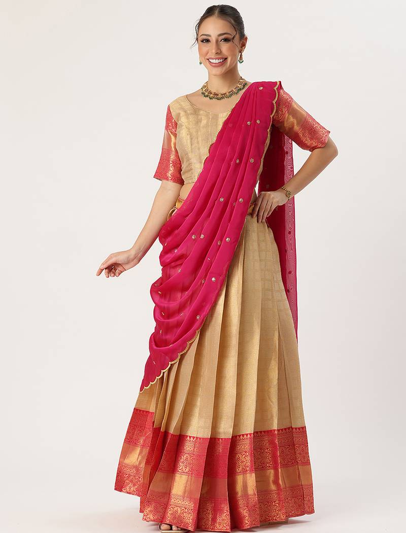 Beautiful South Indian Style Semi-Stitched Half Saree with Blouse and Rangoli Dupatta for Women