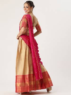 Beautiful South Indian Style Semi-Stitched Half Saree with Blouse and Rangoli Dupatta for Women 2