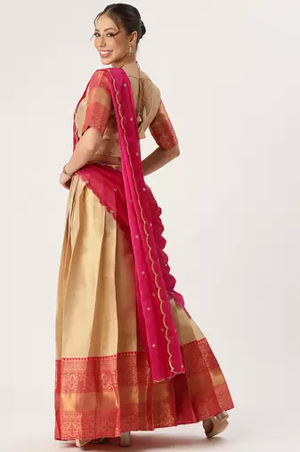Beautiful South Indian Style Semi-Stitched Half Saree with Blouse and Rangoli Dupatta for Women