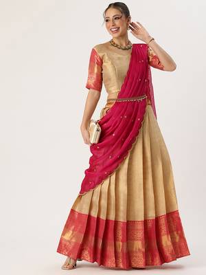 Beautiful South Indian Style Semi-Stitched Half Saree with Blouse and Rangoli Dupatta for Women 3