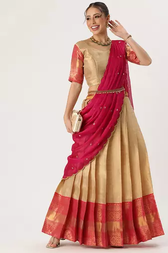 Beautiful South Indian Style Semi-Stitched Half Saree with Blouse and Rangoli Dupatta for Women