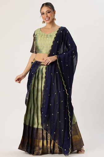 Beautiful South Indian Style Semi-Stitched Half Saree with Blouse and Rangoli Dupatta for Women