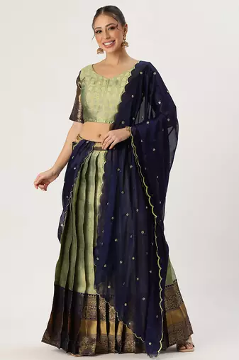 Beautiful South Indian Style Semi-Stitched Half Saree with Blouse and Rangoli Dupatta for Women