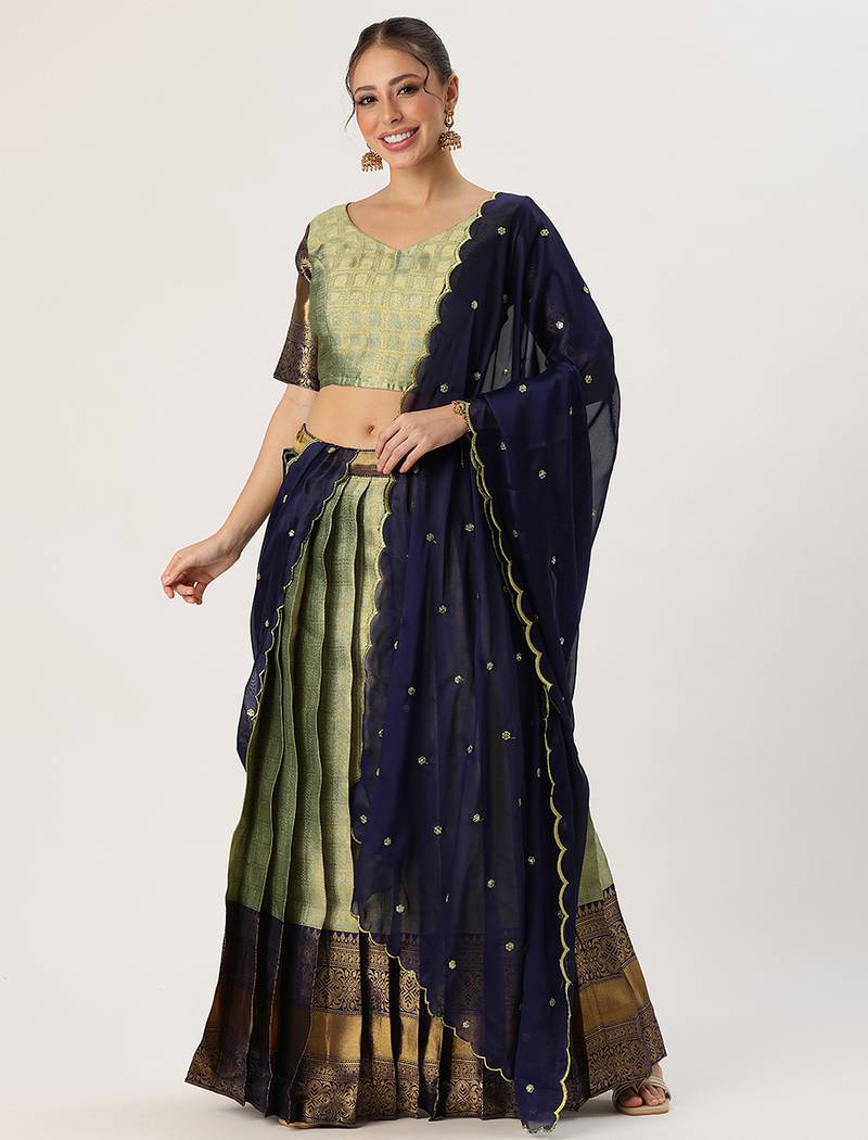 Beautiful South Indian Style Semi-Stitched Half Saree with Blouse and Rangoli Dupatta for Women