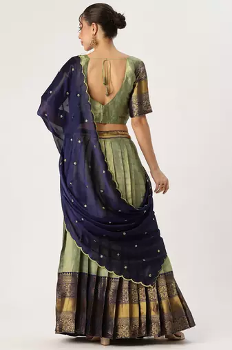 Beautiful South Indian Style Semi-Stitched Half Saree with Blouse and Rangoli Dupatta for Women