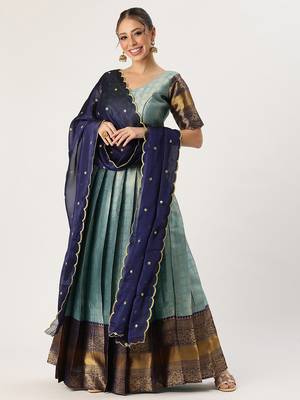 Beautiful South Indian Style Semi-Stitched Half Saree with Blouse and Rangoli Dupatta for Women 1