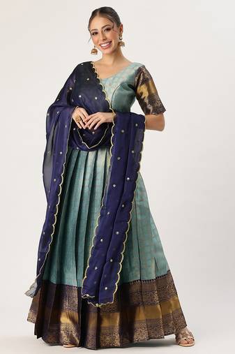Beautiful South Indian Style Semi-Stitched Half Saree with Blouse and Rangoli Dupatta for Women
