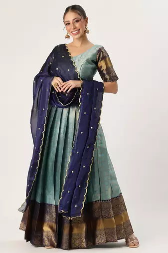 Beautiful South Indian Style Semi-Stitched Half Saree with Blouse and Rangoli Dupatta for Women