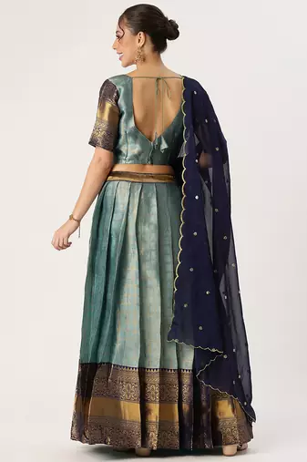 Beautiful South Indian Style Semi-Stitched Half Saree with Blouse and Rangoli Dupatta for Women