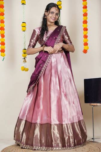 Beautiful South Indian Style Semi-Stitched Half Saree with Blouse and Rangoli Dupatta for Women
