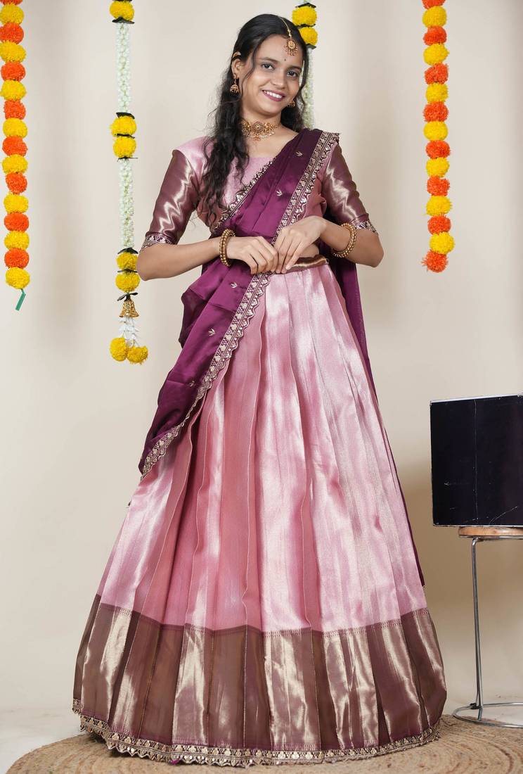 Beautiful South Indian Style Semi-Stitched Half Saree with Blouse and Rangoli Dupatta for Women