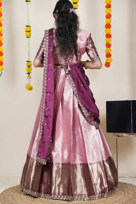 Beautiful South Indian Style Semi-Stitched Half Saree with Blouse and Rangoli Dupatta for Women 2