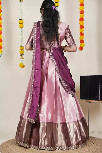 Beautiful South Indian Style Semi-Stitched Half Saree with Blouse and Rangoli Dupatta for Women