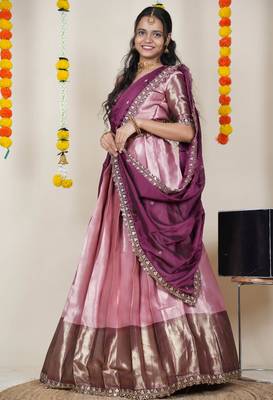 Beautiful South Indian Style Semi-Stitched Half Saree with Blouse and Rangoli Dupatta for Women 3