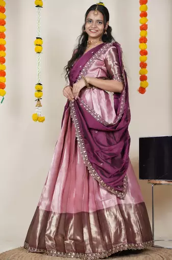 Beautiful South Indian Style Semi-Stitched Half Saree with Blouse and Rangoli Dupatta for Women
